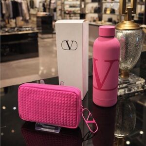 Valentino Beauty Pink V Logo Water Bottle and signature Quilted Pouch Set